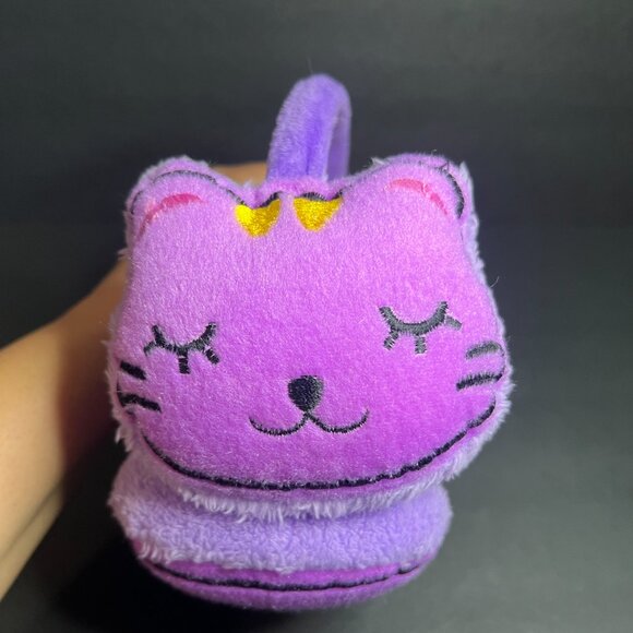Adorable Purple Smiling Cat Face Girls Winter Accessory Headband Plush Earmuffs - Picture 4 of 4
